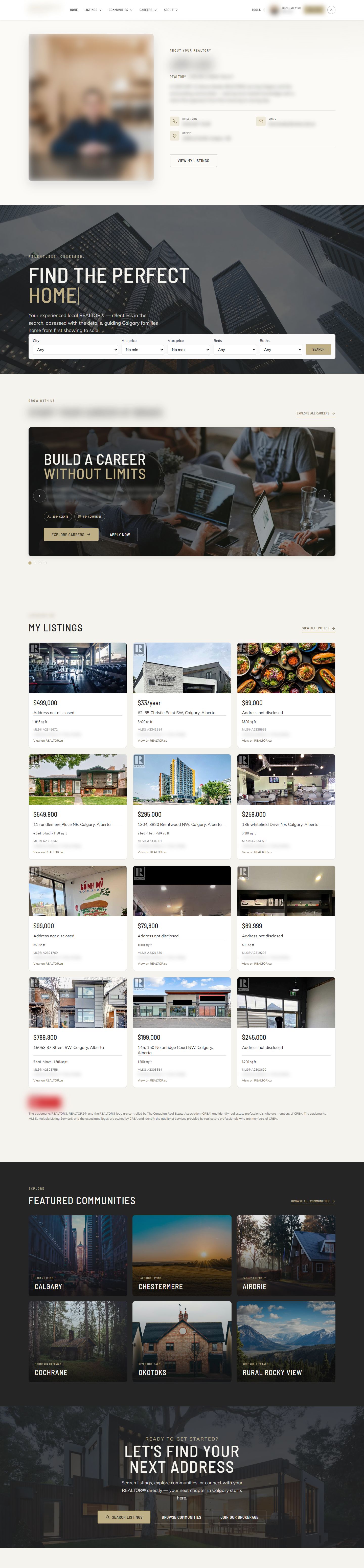 An agent’s Marquee website scrolling from top to bottom: their profile, a home search, their listings, featured communities and a closing call to action